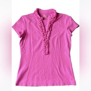 Lilly Pulitzer Luxletic bright florescent pink, active top with neckline detail.